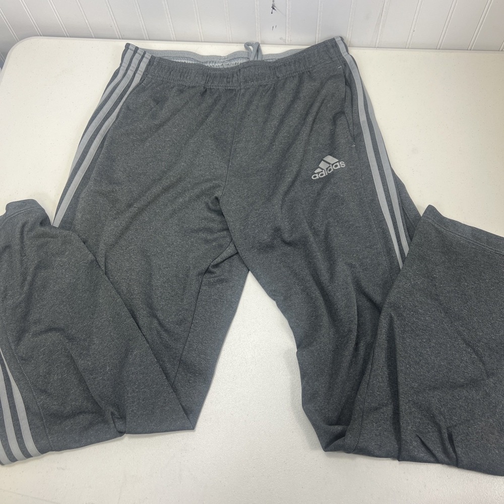 Adidas Pants Mens L Gray Climalite Pull On Straight‎ Leg Soccer 3 Stripe Track